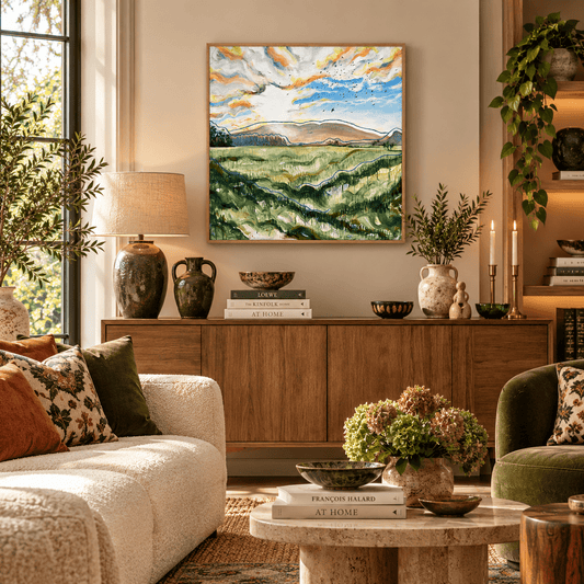 A framed landscape painting of a green field under a colorful sky hangs on a beige wall above a wooden credenza in a styled living room with a sofa, lamp, and plants.