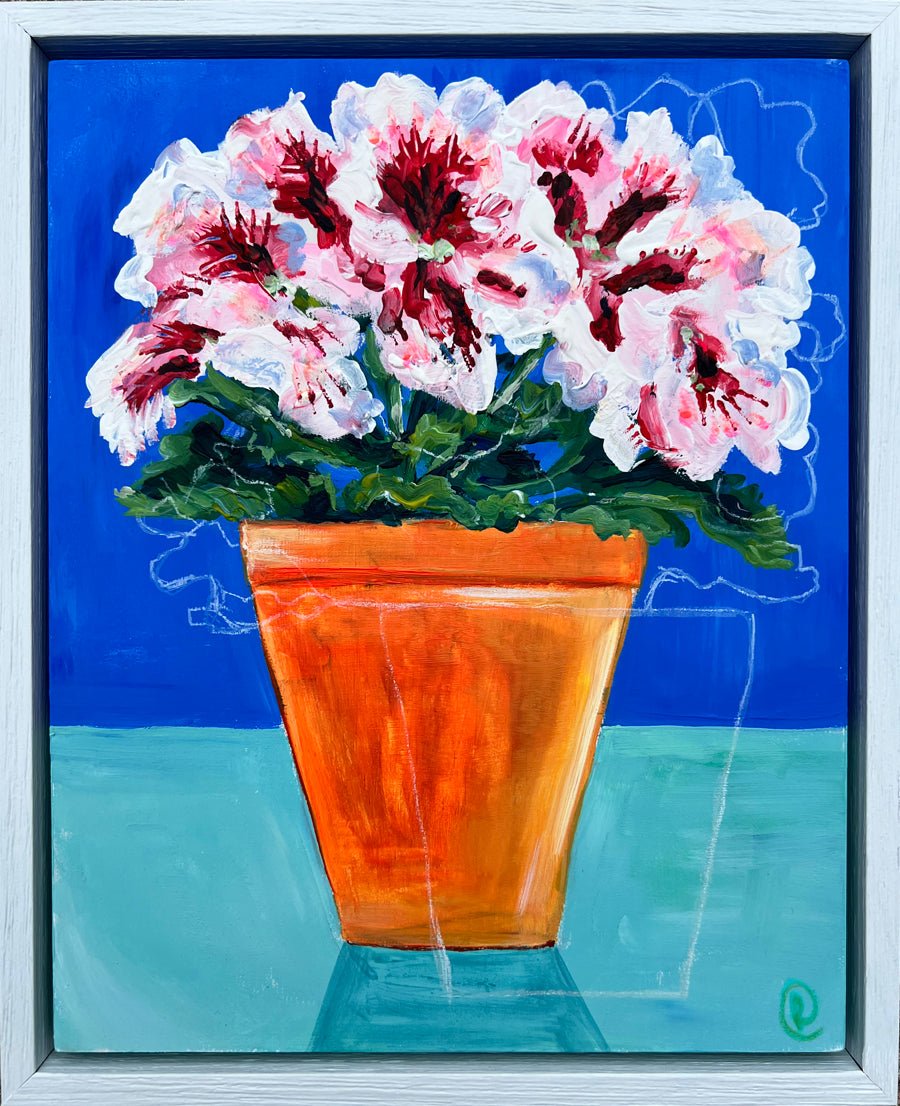 Painting of a potted plant with pink flowers on a blue background