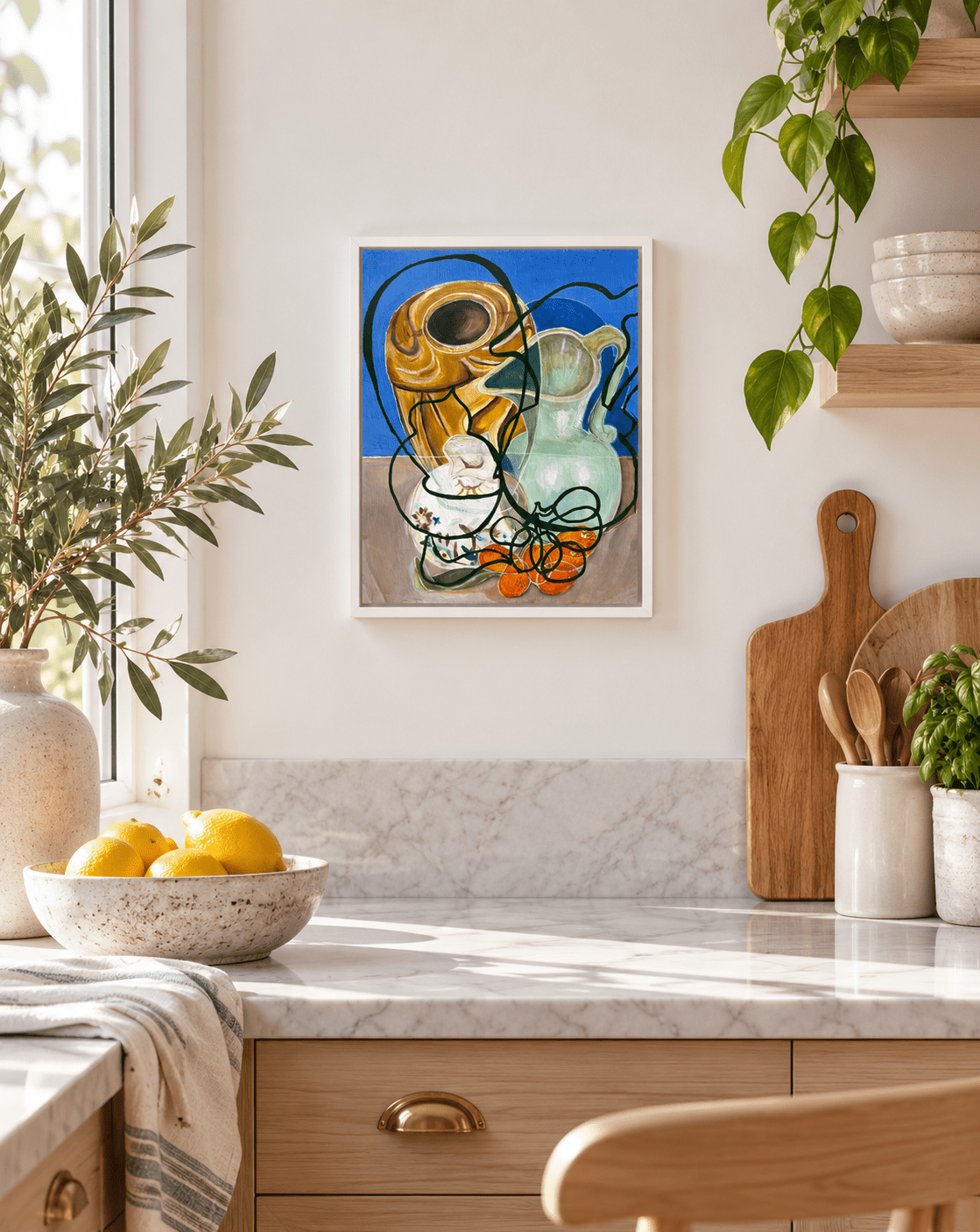 A framed abstract still life painting featuring a blue background, a yellow pitcher, a white bowl, and orange fruit, hanging on a cream kitchen wall above a marble countertop with lemons, plants, and wooden cutting boards.