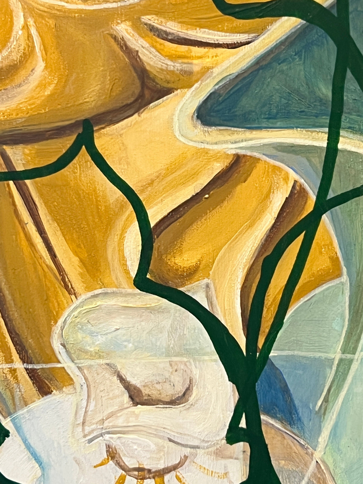 Abstract painting with flowing golden yellow and tan shapes, dark green organic line forms, and a pale cream figure at the bottom against a light blue background.