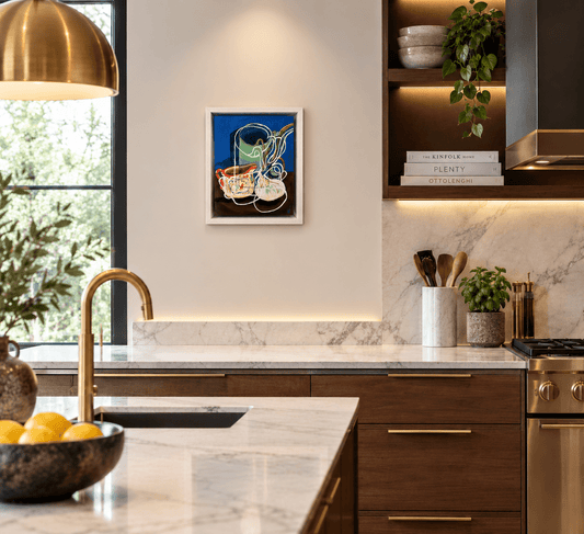 Blue spring onion Still life painting by Rebecca Carr art contemporary art in a kitchen setting 