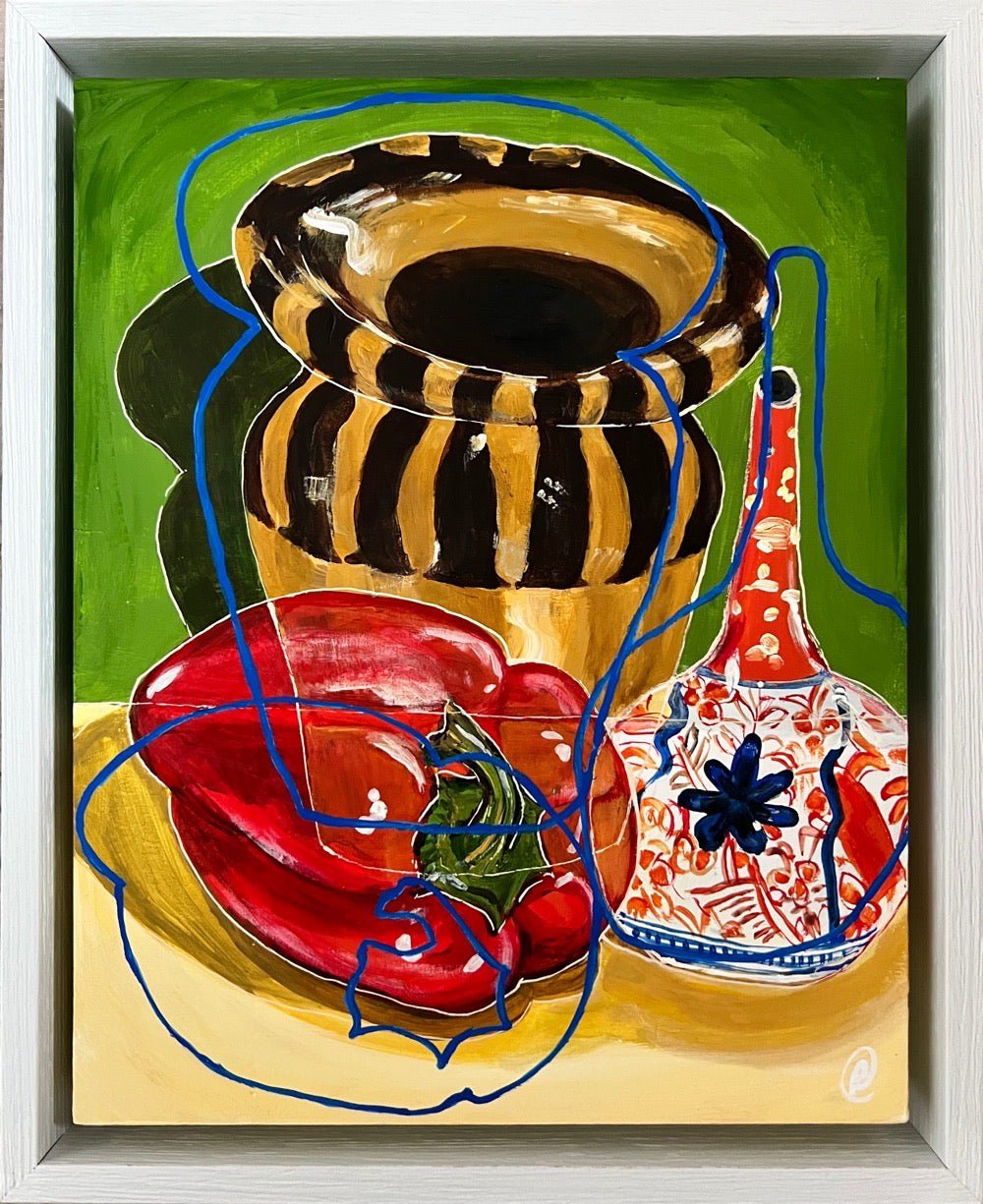New! Original Contemporary Still Life Painting: Green and yellow with red pepper and imari vase - Rebecca Carr ArtistOriginal artworkRebecca Carr ArtistNew! Original Contemporary Still Life Painting: Green and yellow with red pepper and imari vase