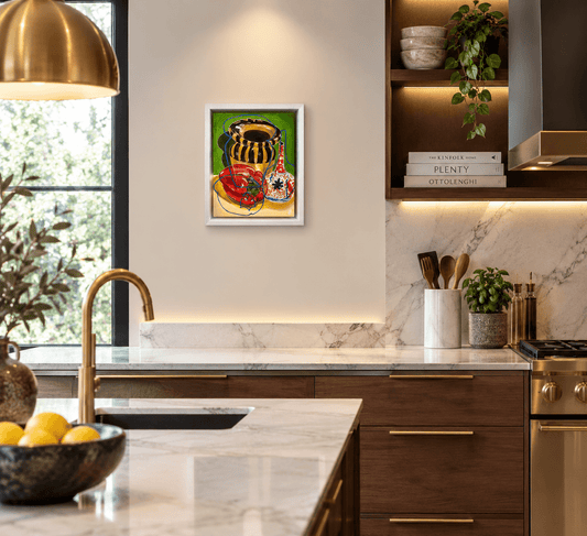 Painting of red pepper and pottery with imari vase by Rebecca Carr showing in a contemporary kitchen setting 