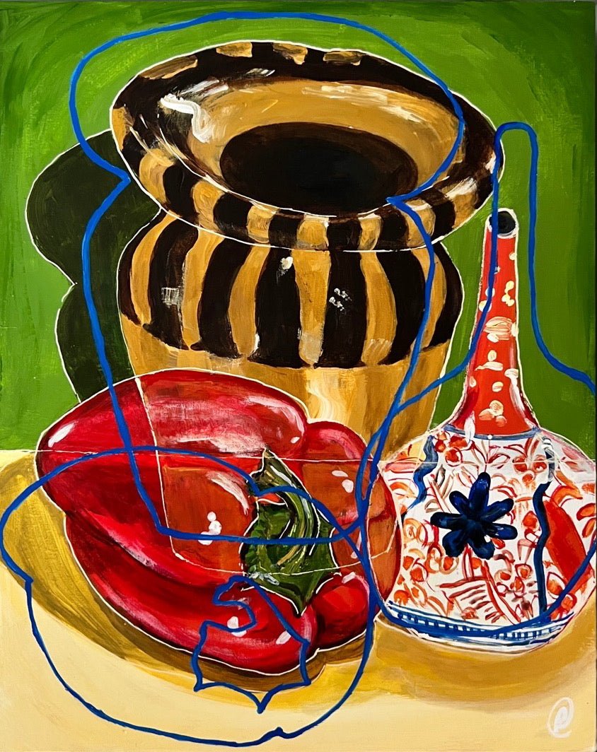 New! Original Contemporary Still Life Painting: Green and yellow with red pepper and imari vase - Rebecca Carr ArtistOriginal artworkRebecca Carr ArtistNew! Original Contemporary Still Life Painting: Green and yellow with red pepper and imari vase