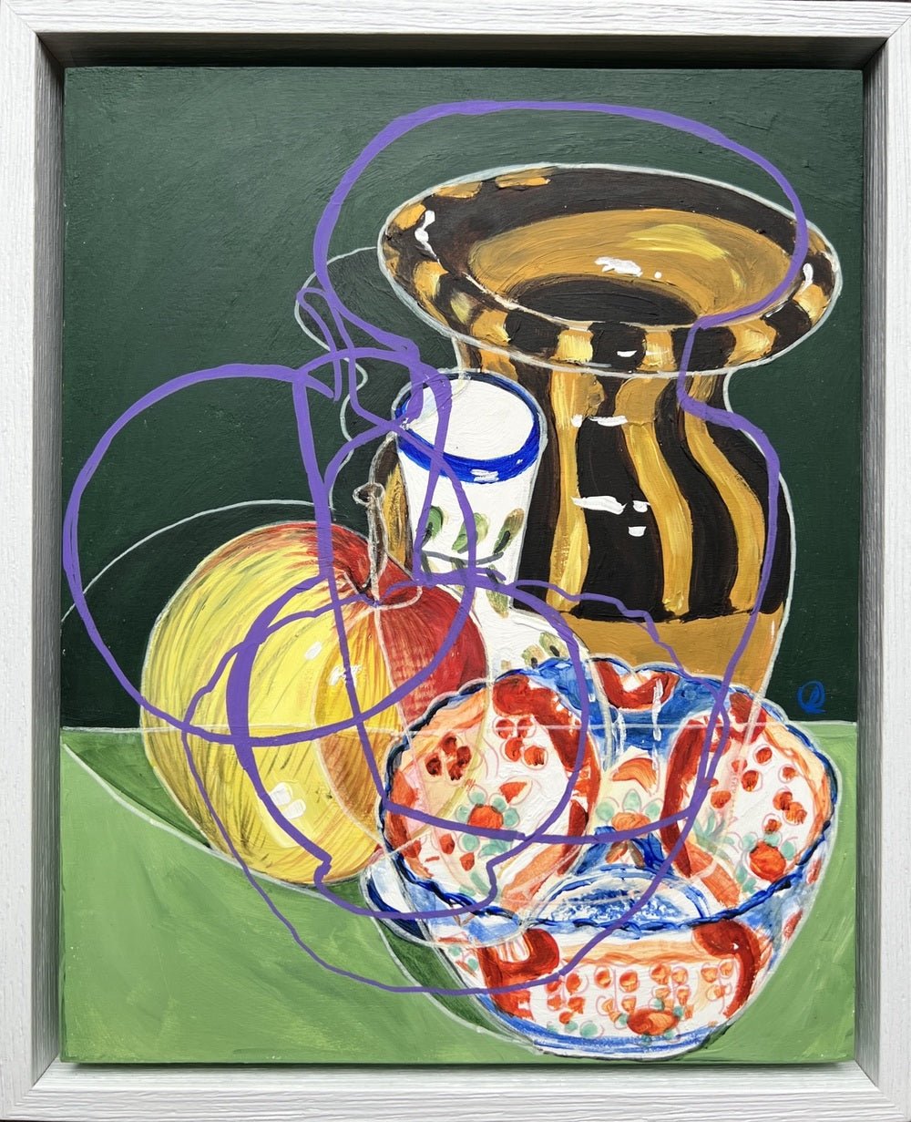 A framed still life painting featuring a yellow and red apple, a black and gold striped vase, and a glass bowl with red and white patterned fruit, overlaid with purple scribbled lines on a green background.