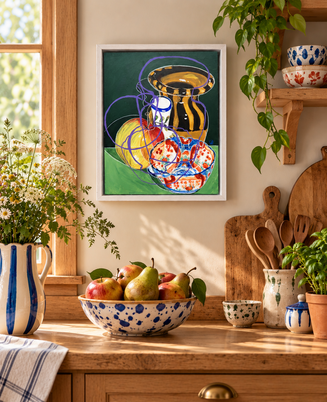 A framed still life painting of colorful ceramic vessels and fruit hangs on a beige wall above a wooden kitchen counter with a bowl of pears, ceramic pitchers, and plants.