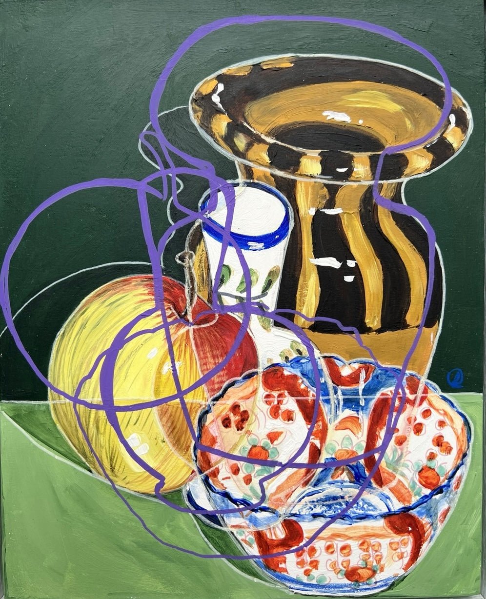 A still life painting featuring a patterned vase, a bowl of pomegranates, and a yellow fruit on a green surface against a dark green background, overlaid with abstract purple scribbled lines.
