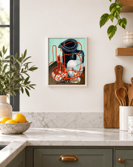 A photo of mint and coffee pot painting in a contemporary kitchen setting