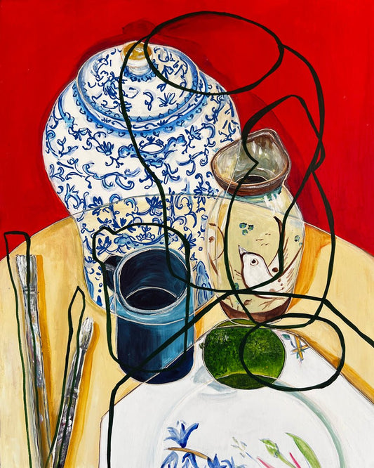 New! Original Contemporary Still Life Painting: Red with Ginger jar, lime and brushes - Rebecca Carr ArtistOriginal artworkRebecca Carr ArtistNew! Original Contemporary Still Life Painting: Red with Ginger jar, lime and brushes
