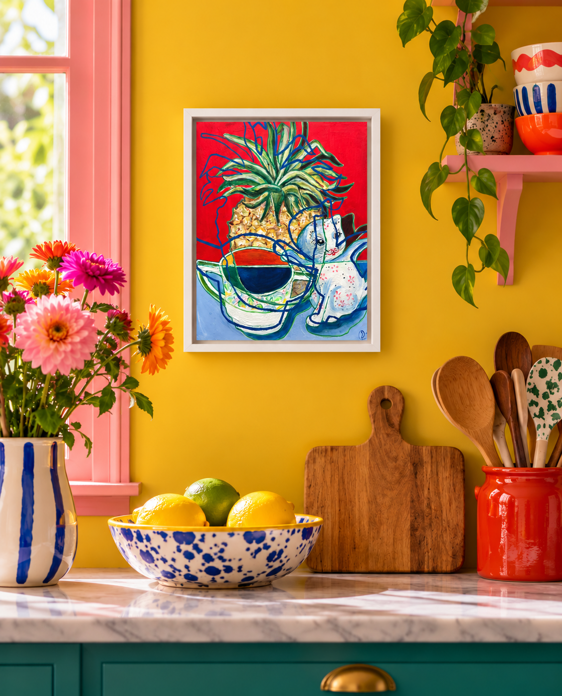 New! Original Contemporary Still Life Painting: Red with pineapple, cup and cat teapot. - Rebecca Carr ArtistOriginal artworkRebecca Carr ArtistNew! Original Contemporary Still Life Painting: Red with pineapple, cup and cat teapot.