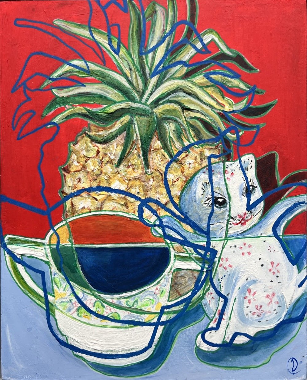 A colorful still life painting featuring a pineapple, a white cat figurine with pink spots, a blue bowl, and blue abstract line drawings on a red and blue background.
