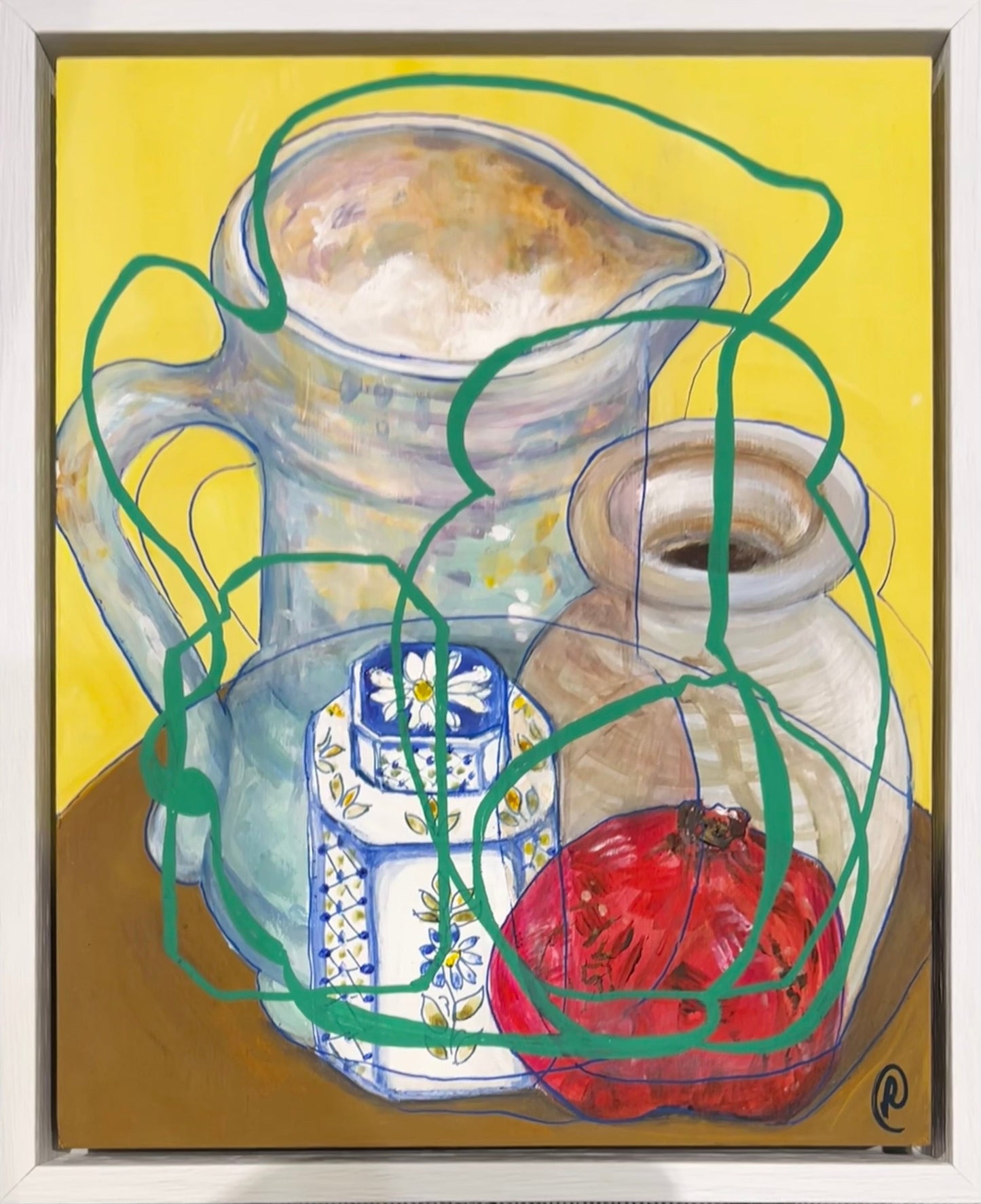Still life painting with a pitcher, jar, and pomegranate on a yellow background by Rebecca Carr