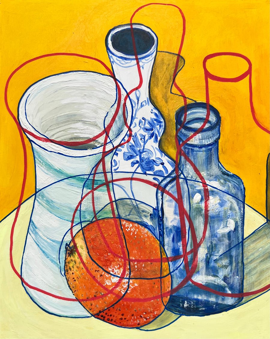 New! Original Contemporary Still Life Painting: Yellow with blue and white pottery, opaque blue glass and orange - Rebecca Carr ArtistOriginal artworkRebecca Carr ArtistNew! Original Contemporary Still Life Painting: Yellow with blue and white pottery, opaque blue glass and orange