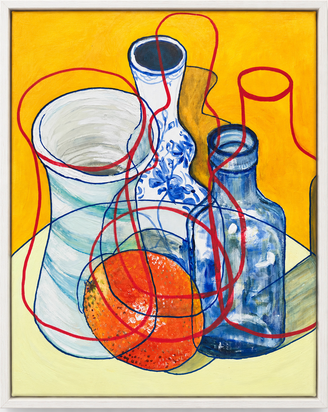 A framed still life painting featuring a white vase, a blue glass bottle, and an orange against a bright yellow background, overlaid with red and blue gestural lines.