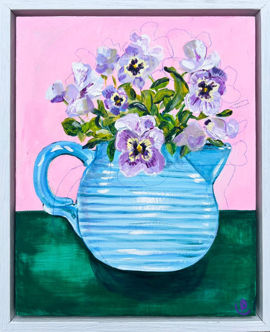 New! Purple Violas in a blue jug flower painting - Rebecca Carr ArtistOriginal artworkRebecca Carr ArtistNew! Purple Violas in a blue jug flower painting