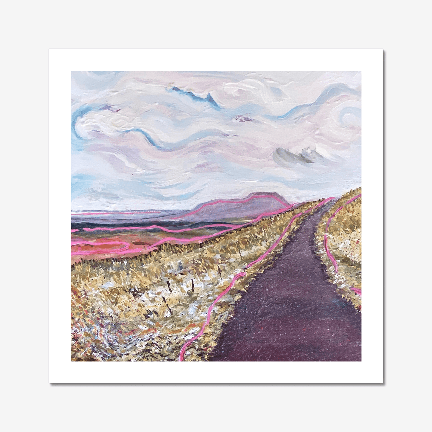 Framed limited edition art print of Roman Road by Rebecca Carr, contemporary Yorkshire Dales landscape with soft cloudy sky and Pen-y-Ghent in the distance.