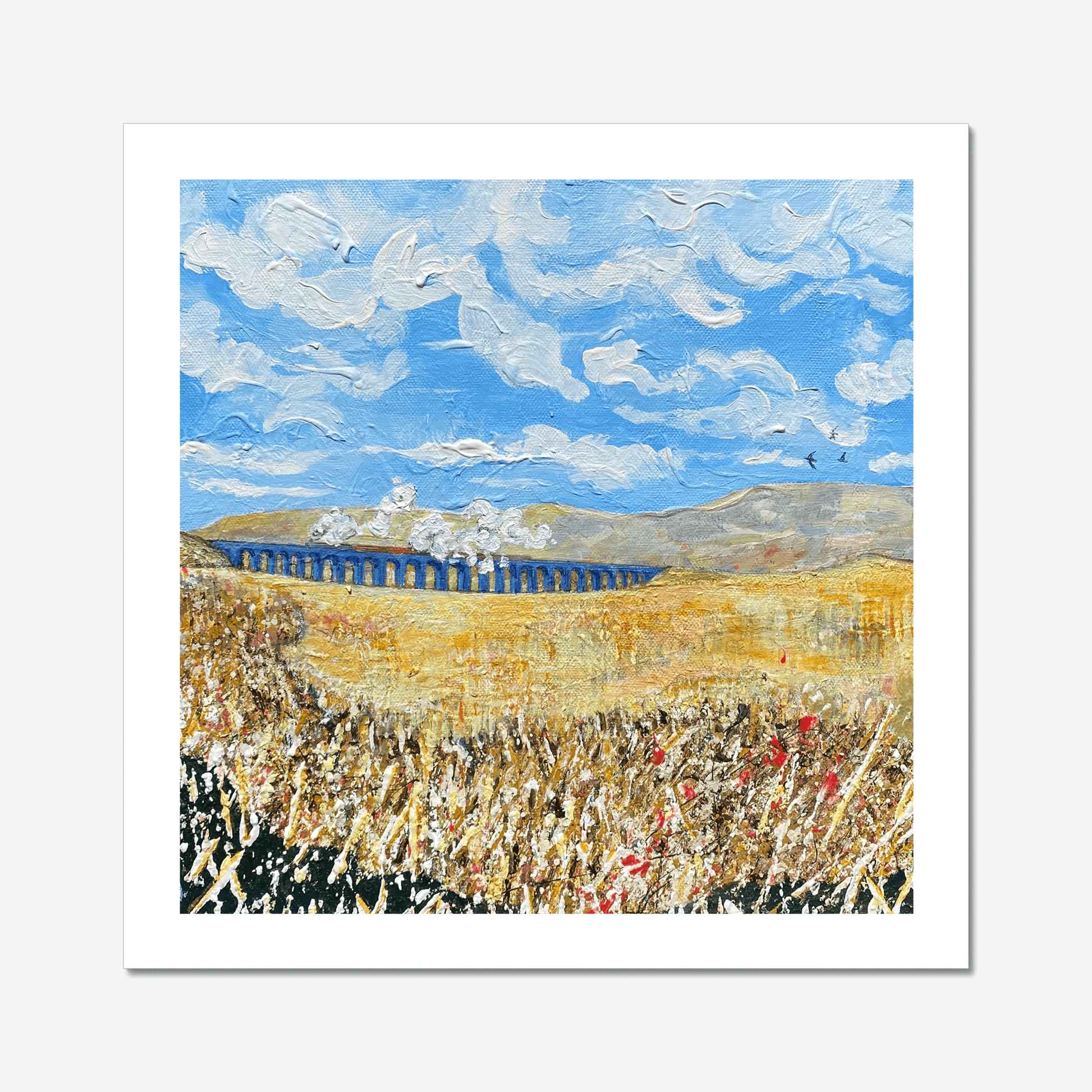 Steam train crossing Ribblehead Viaduct in early summer, from a signed limited edition print by Rebecca Carr. Bright fields and drifting steam under a clear sky.