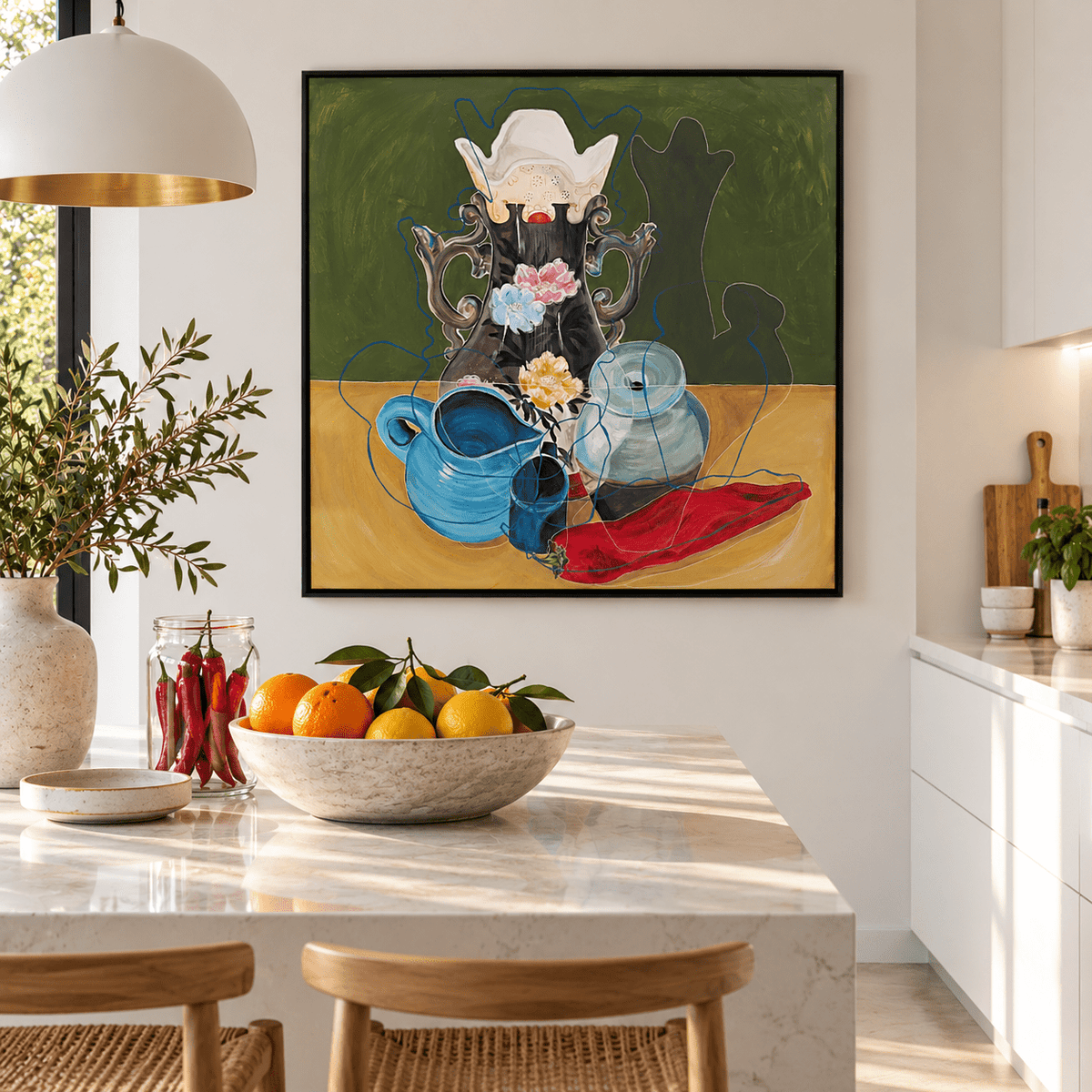 Painting by artist rebecca carr in kitchen mock up