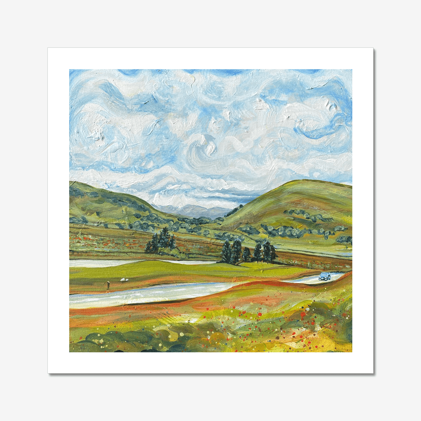 Signed limited edition print by Rebecca Carr – view from Windy Fell with expressive sky, passing car on quiet road, and textured foreground across Eden Valley.