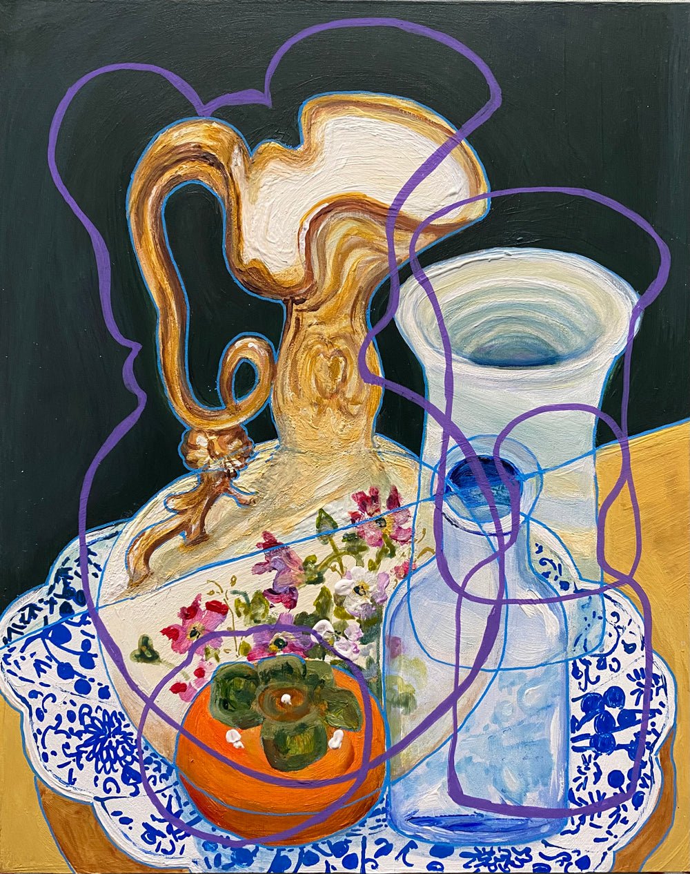 Original Contemporary Still Life Painting: Dark Green Still life with porcelain and persimmon - Rebecca Carr ArtistOriginal artworkRebecca Carr ArtistOriginal Contemporary Still Life Painting: Dark Green Still life with porcelain and persimmon