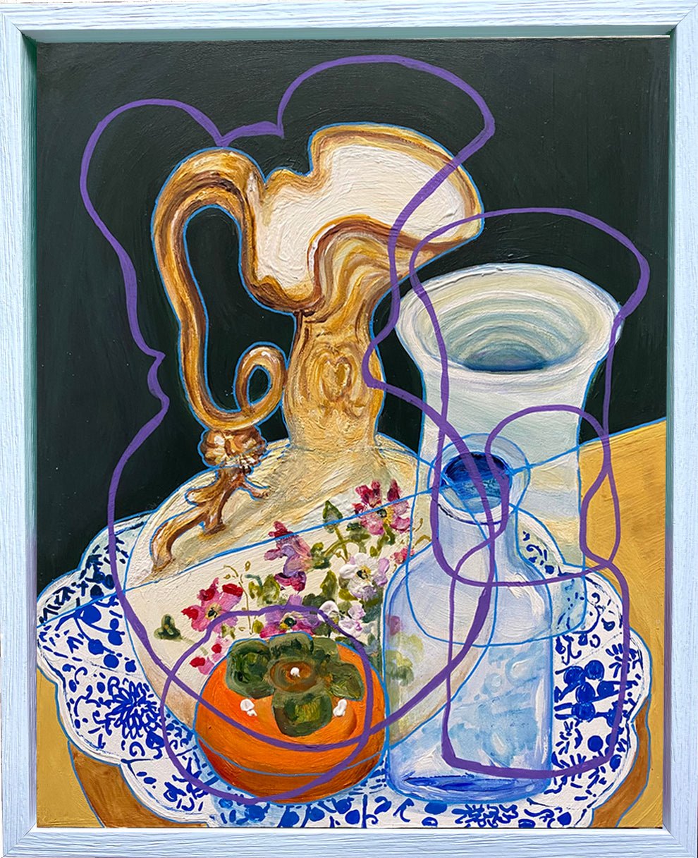 Original Contemporary Still Life Painting: Dark Green Still life with porcelain and persimmon - Rebecca Carr ArtistOriginal artworkRebecca Carr ArtistOriginal Contemporary Still Life Painting: Dark Green Still life with porcelain and persimmon