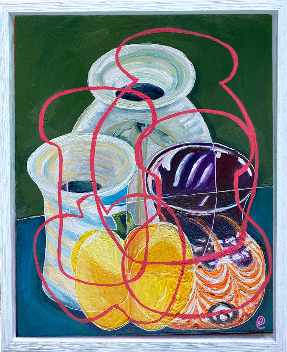 Original Contemporary Still Life Painting: Green with yellow pepper and murano glass - Rebecca Carr ArtistOriginal artworkRebecca Carr ArtistOriginal Contemporary Still Life Painting: Green with yellow pepper and murano glass