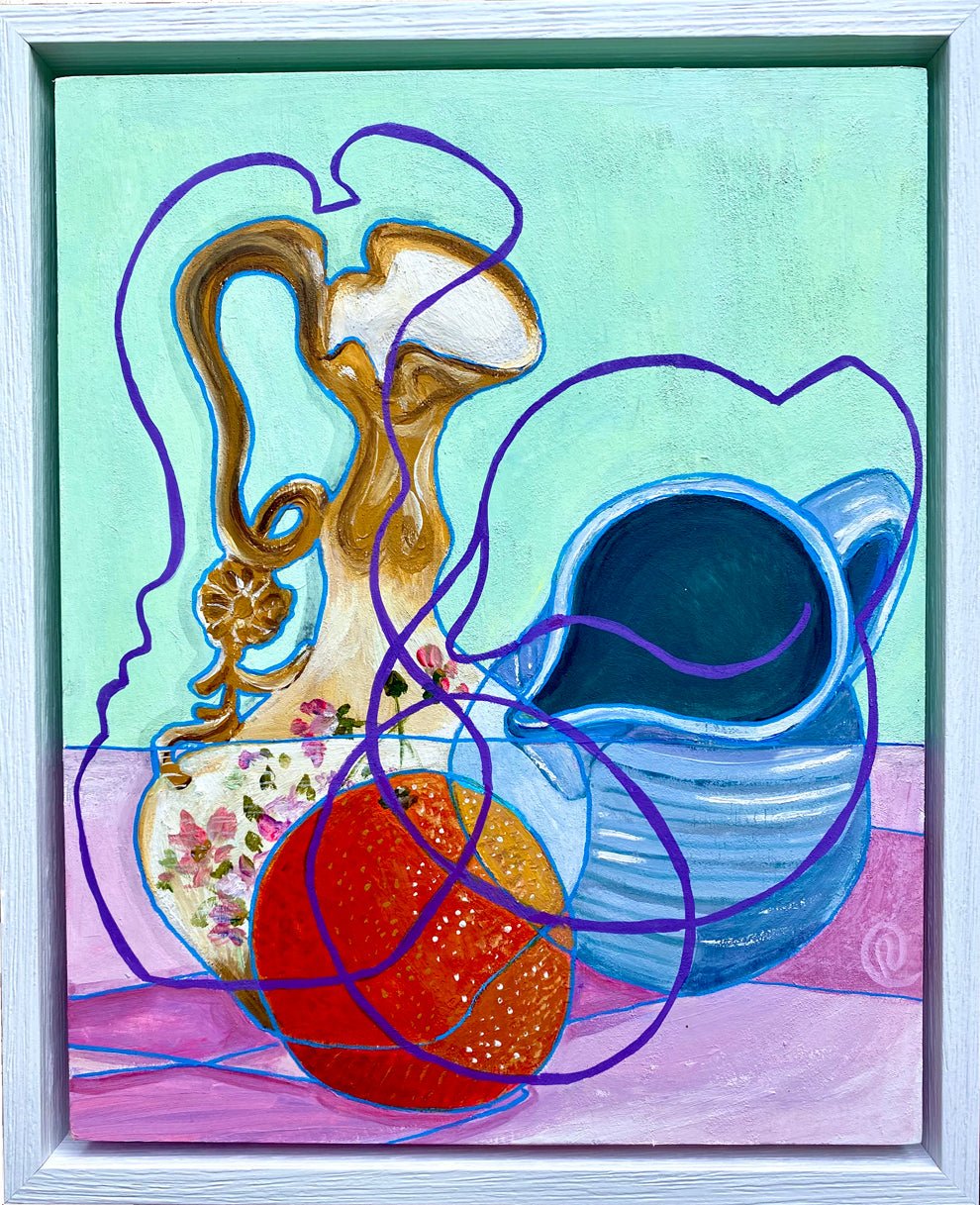 Original Contemporary Still Life Painting: Mint still life with blue jug and orange - Rebecca Carr ArtistOriginal artworkRebecca Carr ArtistOriginal Contemporary Still Life Painting: Mint still life with blue jug and orange