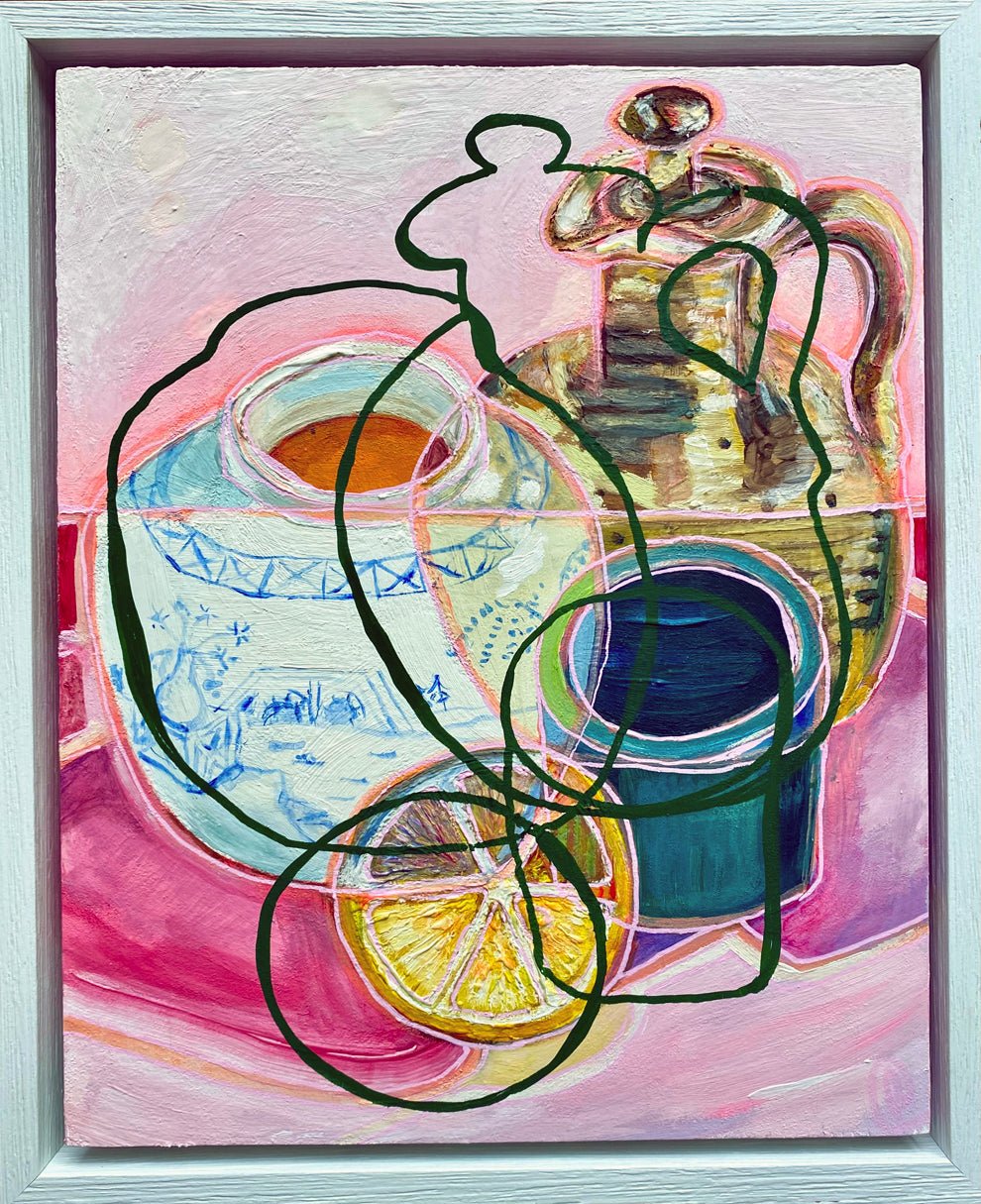 Contemporary Abstract artwork by rebecca carr with colorful vessels and a lemon slice on a pink background