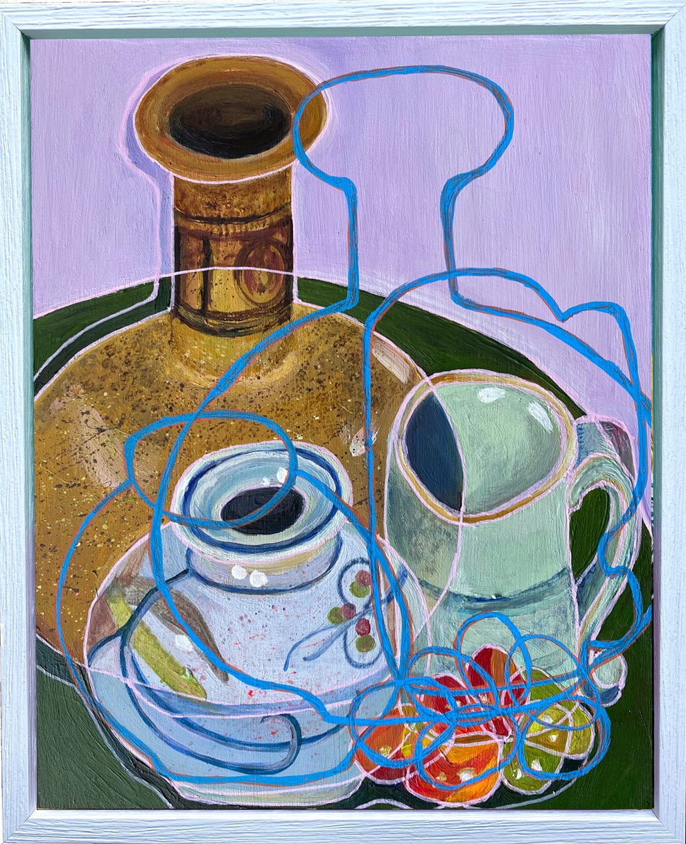 Original Contemporary Still Life Painting: Purple with pottery and tomatoes - Rebecca Carr ArtistOriginal artworkRebecca Carr ArtistOriginal Contemporary Still Life Painting: Purple with pottery and tomatoes