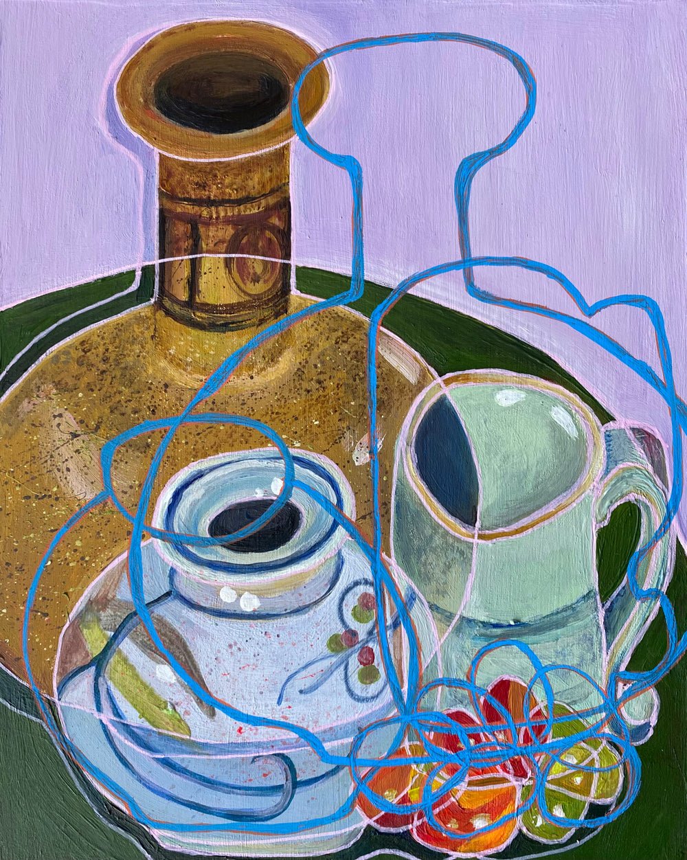 Original Contemporary Still Life Painting: Purple with pottery and tomatoes - Rebecca Carr ArtistOriginal artworkRebecca Carr ArtistOriginal Contemporary Still Life Painting: Purple with pottery and tomatoes