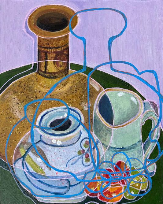 Original Contemporary Still Life Painting: Purple with pottery and tomatoes - Rebecca Carr ArtistOriginal artworkRebecca Carr ArtistOriginal Contemporary Still Life Painting: Purple with pottery and tomatoes