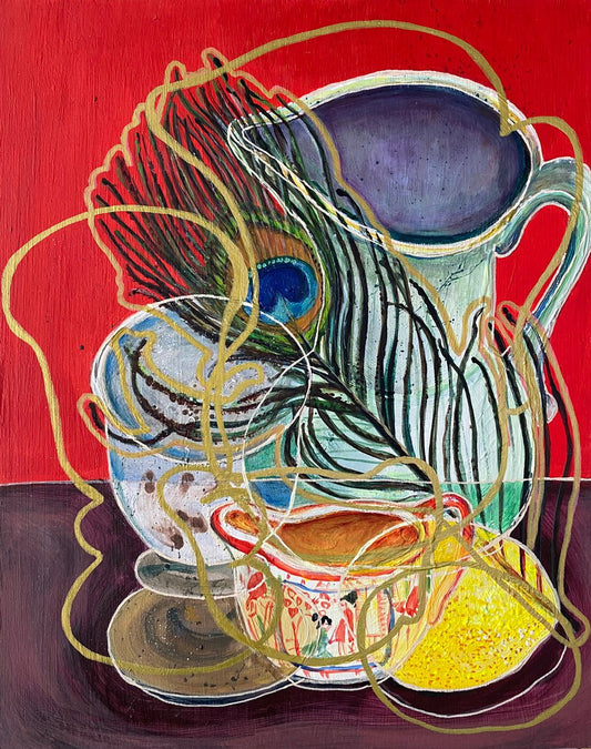 Original Contemporary Still Life Painting: Red Peacock feather and lemon - Rebecca Carr ArtistOriginal artworkRebecca Carr ArtistOriginal Contemporary Still Life Painting: Red Peacock feather and lemon