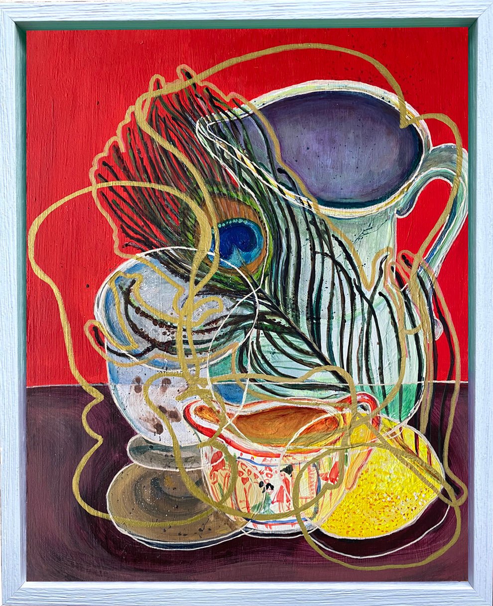 Original Contemporary Still Life Painting: Red Peacock feather and lemon - Rebecca Carr ArtistOriginal artworkRebecca Carr ArtistOriginal Contemporary Still Life Painting: Red Peacock feather and lemon