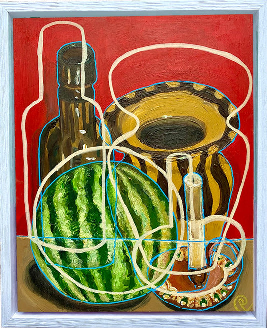 Original Contemporary Still Life Painting: Red pottery and mini watermelon - Rebecca Carr ArtistOriginal artworkRebecca Carr ArtistOriginal Contemporary Still Life Painting: Red pottery and mini watermelon