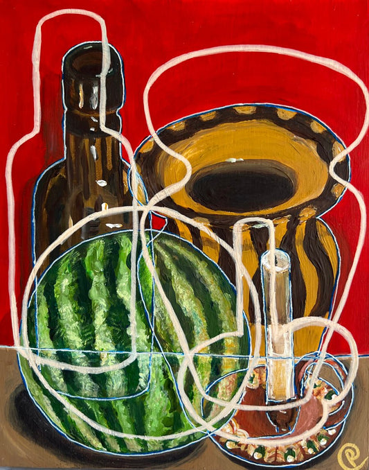 Original Contemporary Still Life Painting: Red pottery and mini watermelon - Rebecca Carr Artist