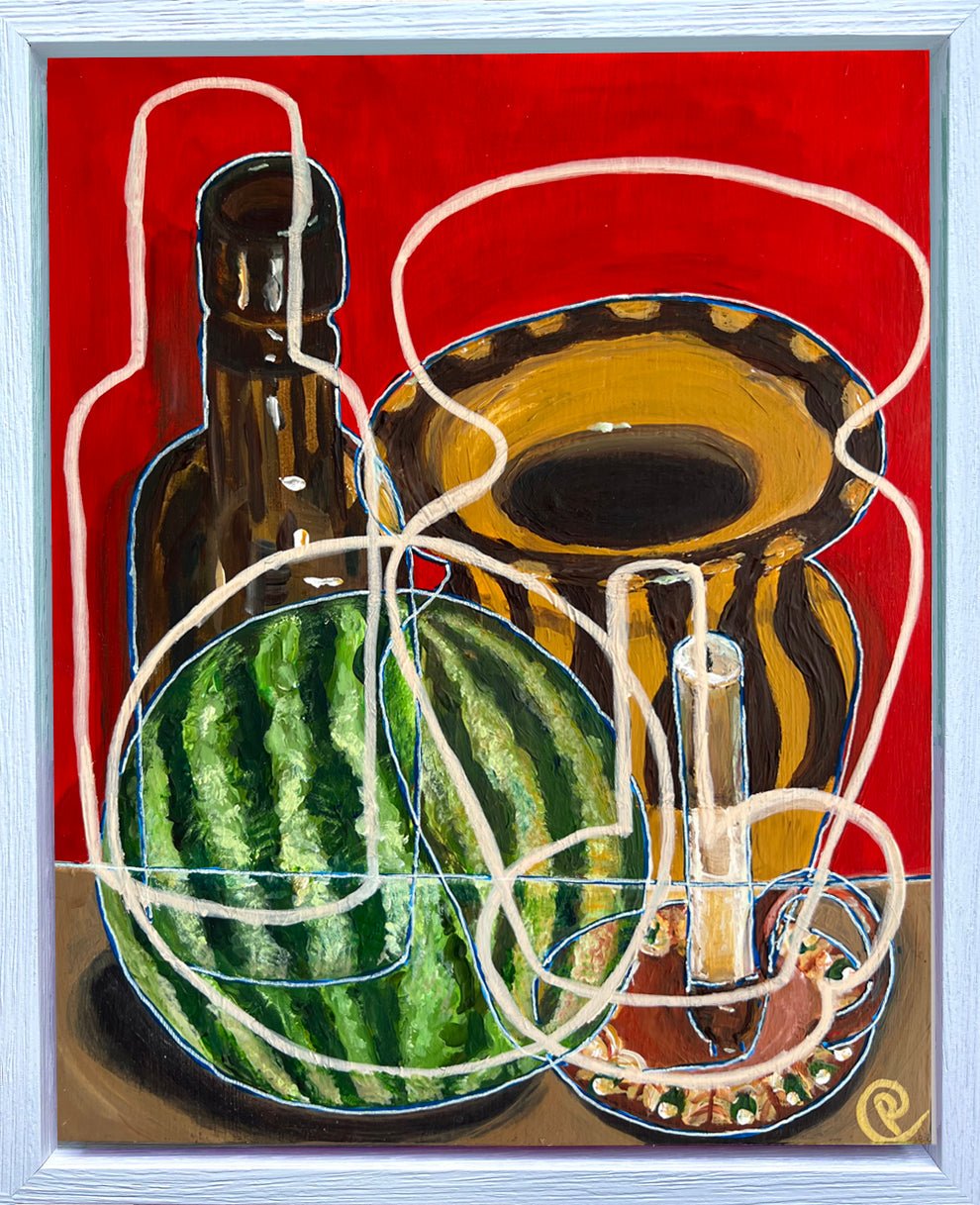 Original Contemporary Still Life Painting: Red pottery and mini watermelon - Rebecca Carr Artist