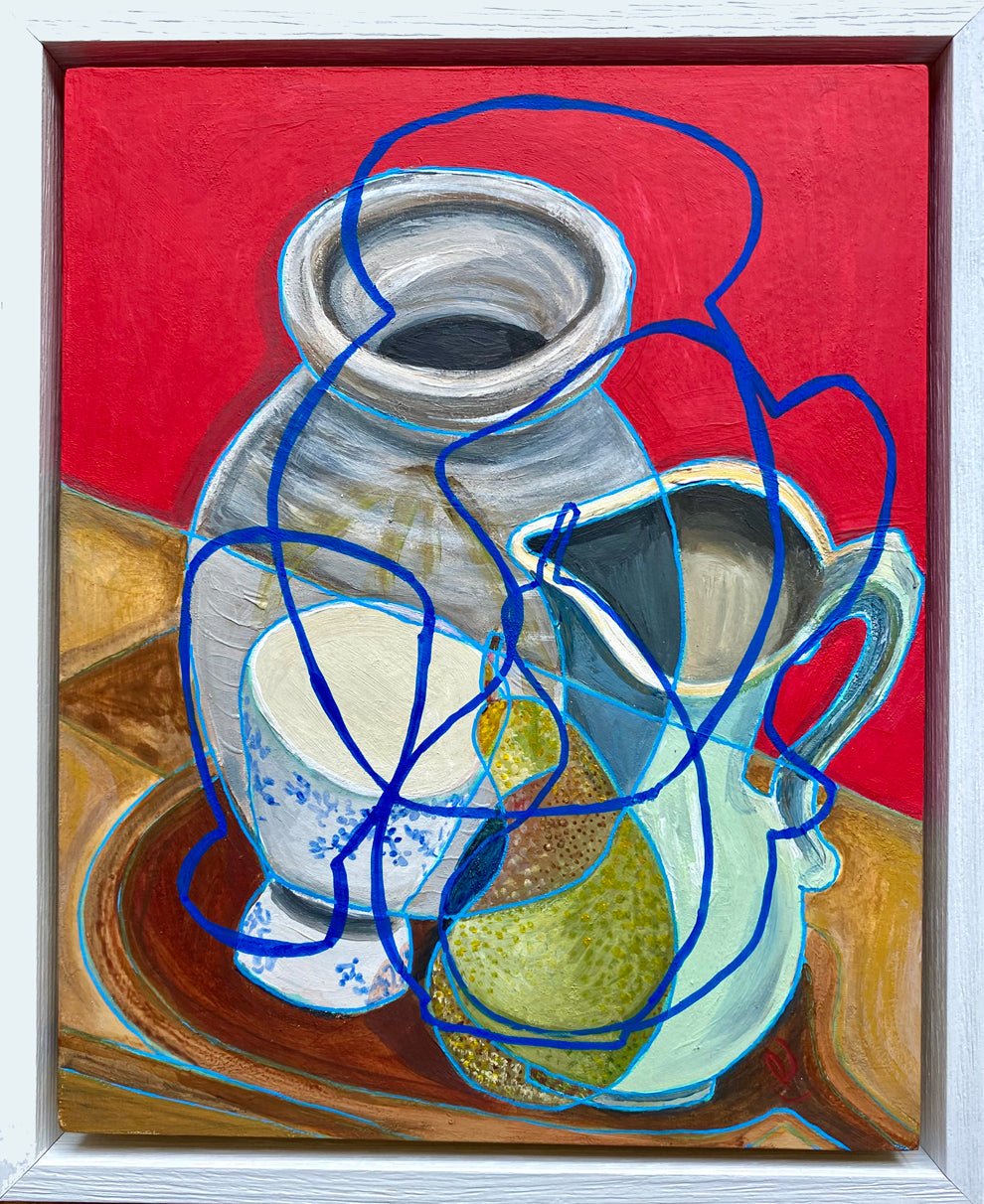 Still life painting framed by rebecca carr with ceramic jars on a red background