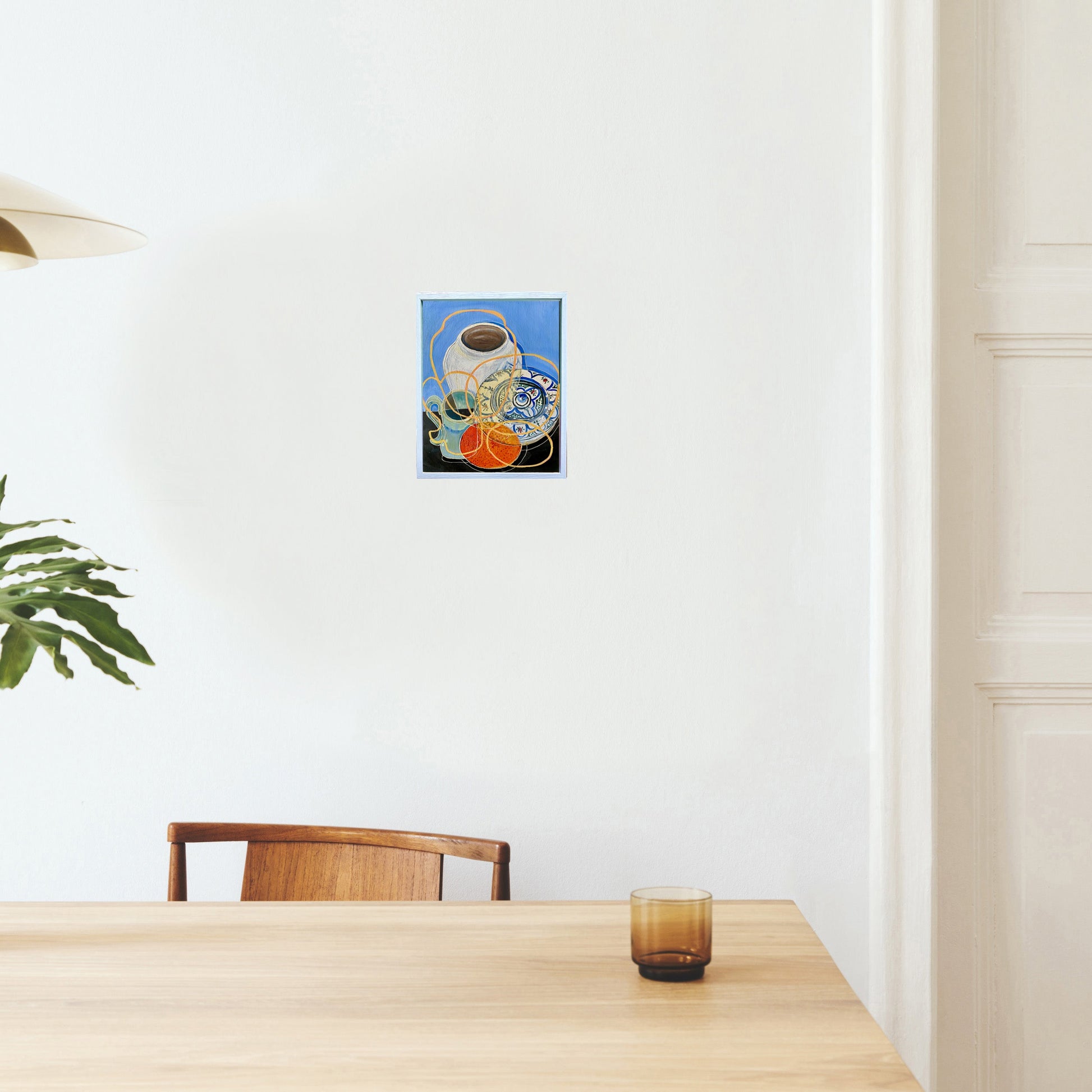 Original Contemporary Still Life Painting: Still life blue with pottery and orange - Rebecca Carr ArtistOriginal artworkRebecca Carr ArtistOriginal Contemporary Still Life Painting: Still life blue with pottery and orange