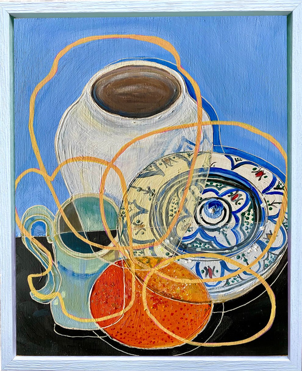 Original Contemporary Still Life Painting: Still life blue with pottery and orange - Rebecca Carr ArtistOriginal artworkRebecca Carr ArtistOriginal Contemporary Still Life Painting: Still life blue with pottery and orange
