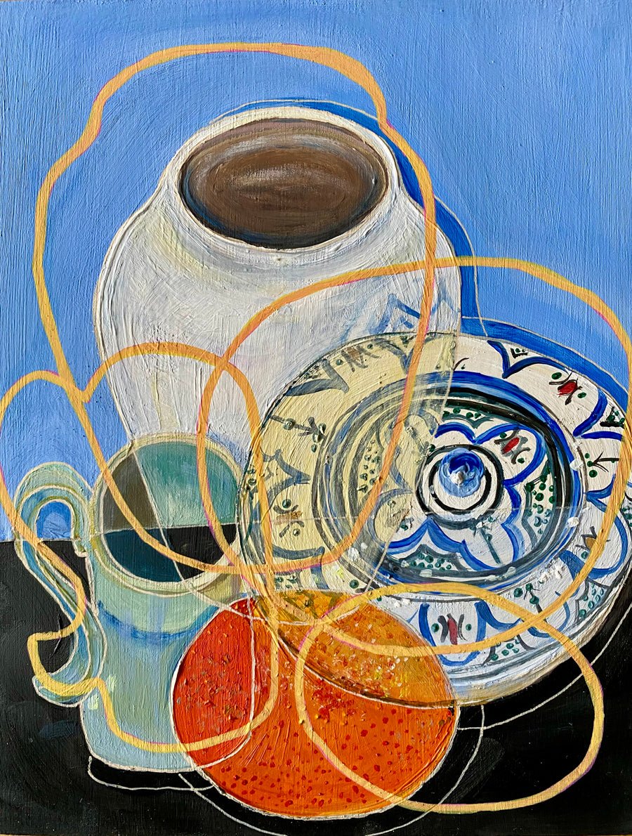 Original Contemporary Still Life Painting: Still life blue with pottery and orange - Rebecca Carr ArtistOriginal artworkRebecca Carr ArtistOriginal Contemporary Still Life Painting: Still life blue with pottery and orange