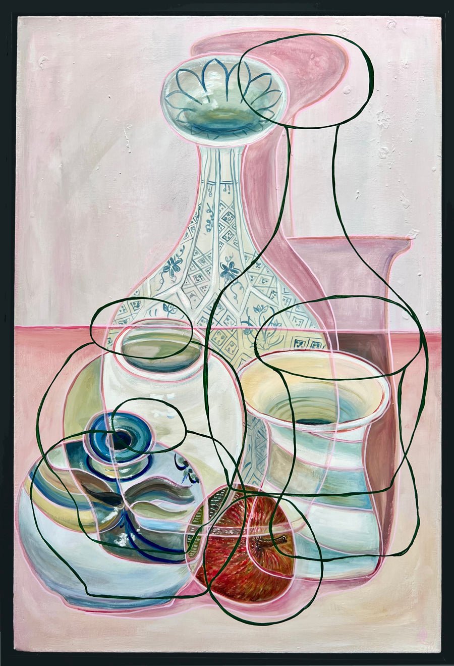 Abstract artwork of vases and cups with wavy lines on a light background pink by rebecca carr