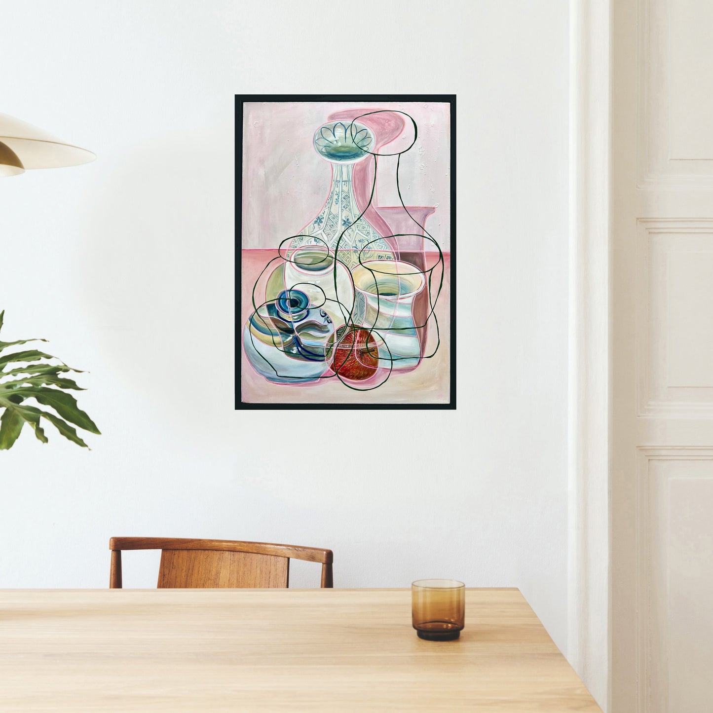 Abstract artwork of a still life scene with a vase and bowls in a modern interior setting by rebecca carr