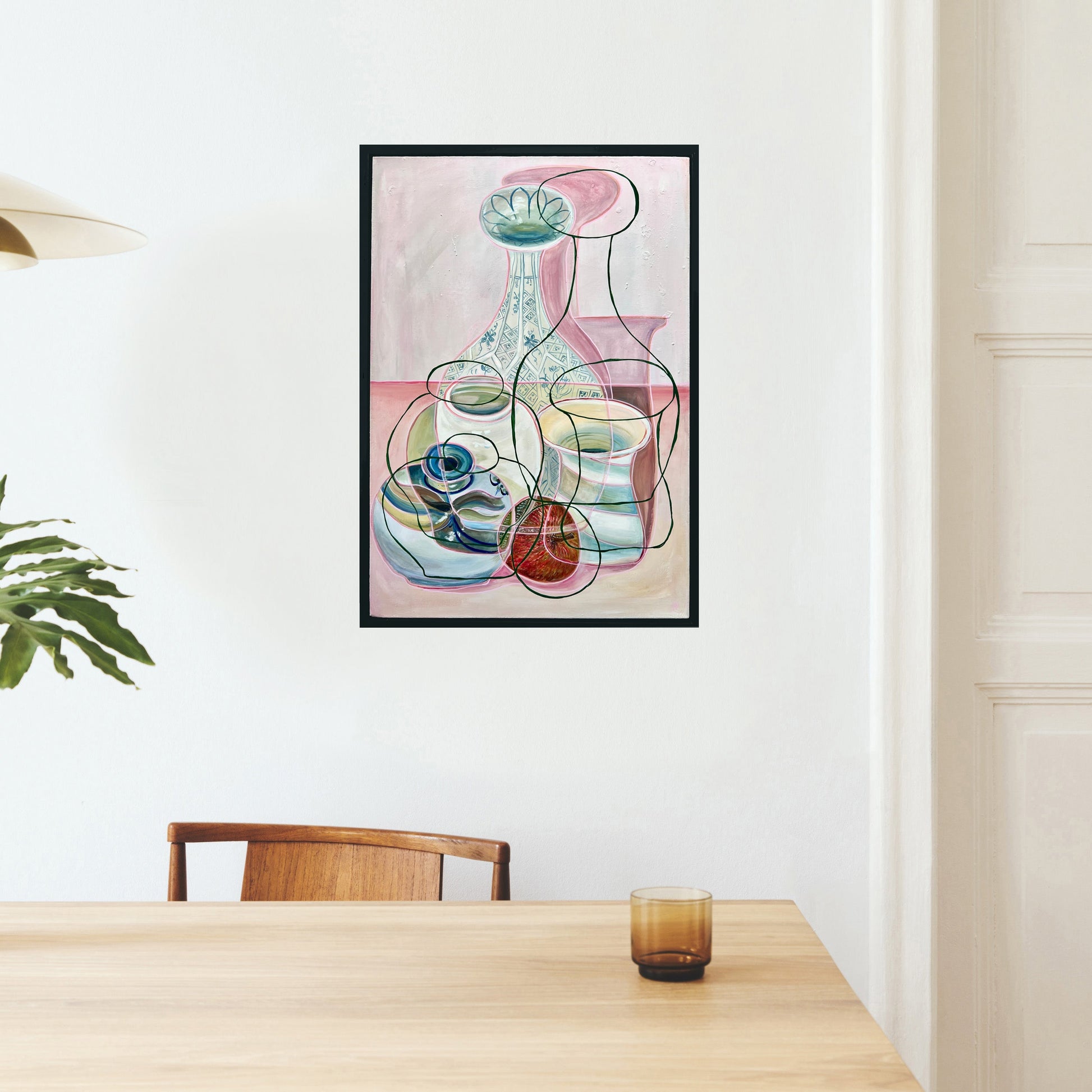 Abstract artwork of a still life scene with a vase and bowls in a modern interior setting by rebecca carr