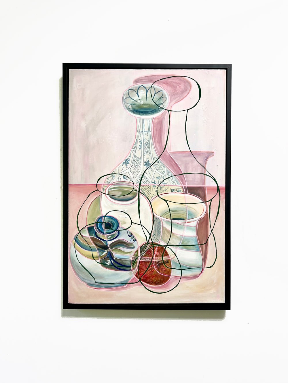 Abstract art print of pottery vessels on a light pink background with apple