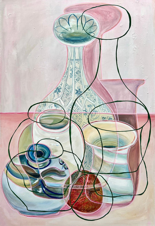 Abstract artwork of pottery vases on a pink background