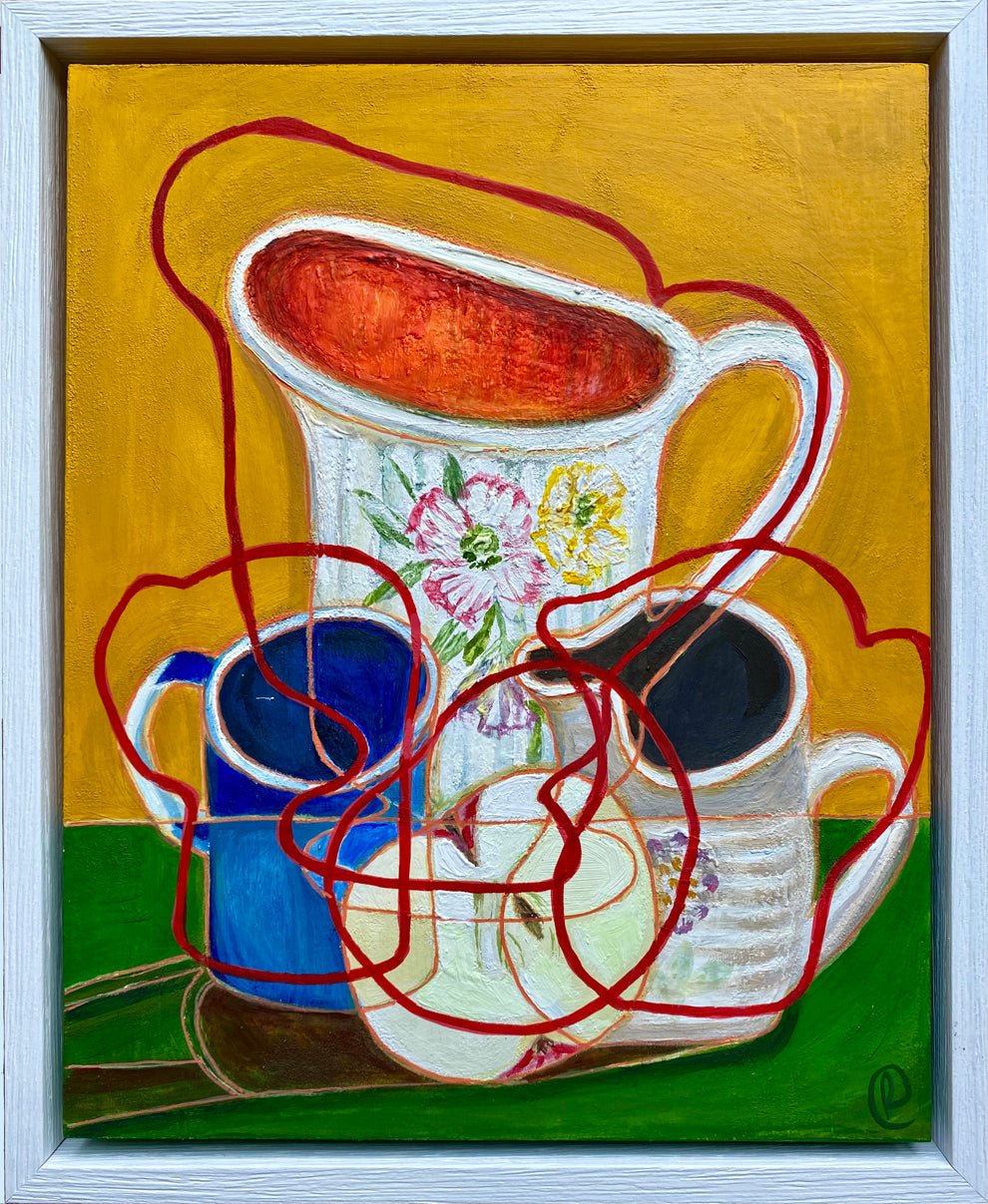 Original Contemporary Still Life Painting: Yellow still life with jugs and apple - Rebecca Carr ArtistOriginal artworkRebecca Carr ArtistOriginal Contemporary Still Life Painting: Yellow still life with jugs and apple