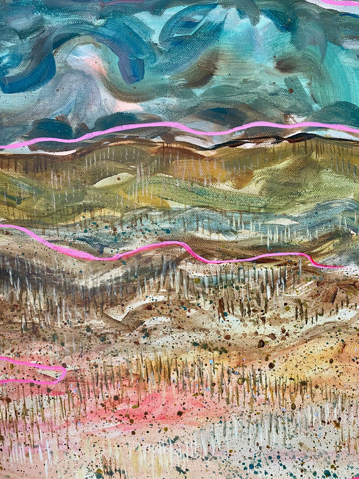 Colourful expressive painting of Yorkshire peat bog with bold brushstrokes, paint splatter, and sweeping lines on canvas