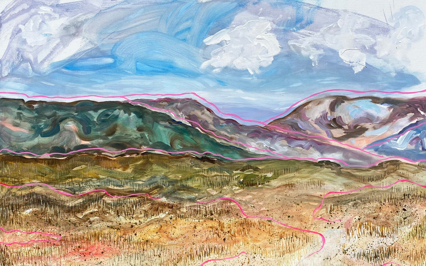 Colourful expressive painting of Yorkshire peat bog by Rebecca Carr with bold brushstrokes, paint splatter, and sweeping lines on canvas