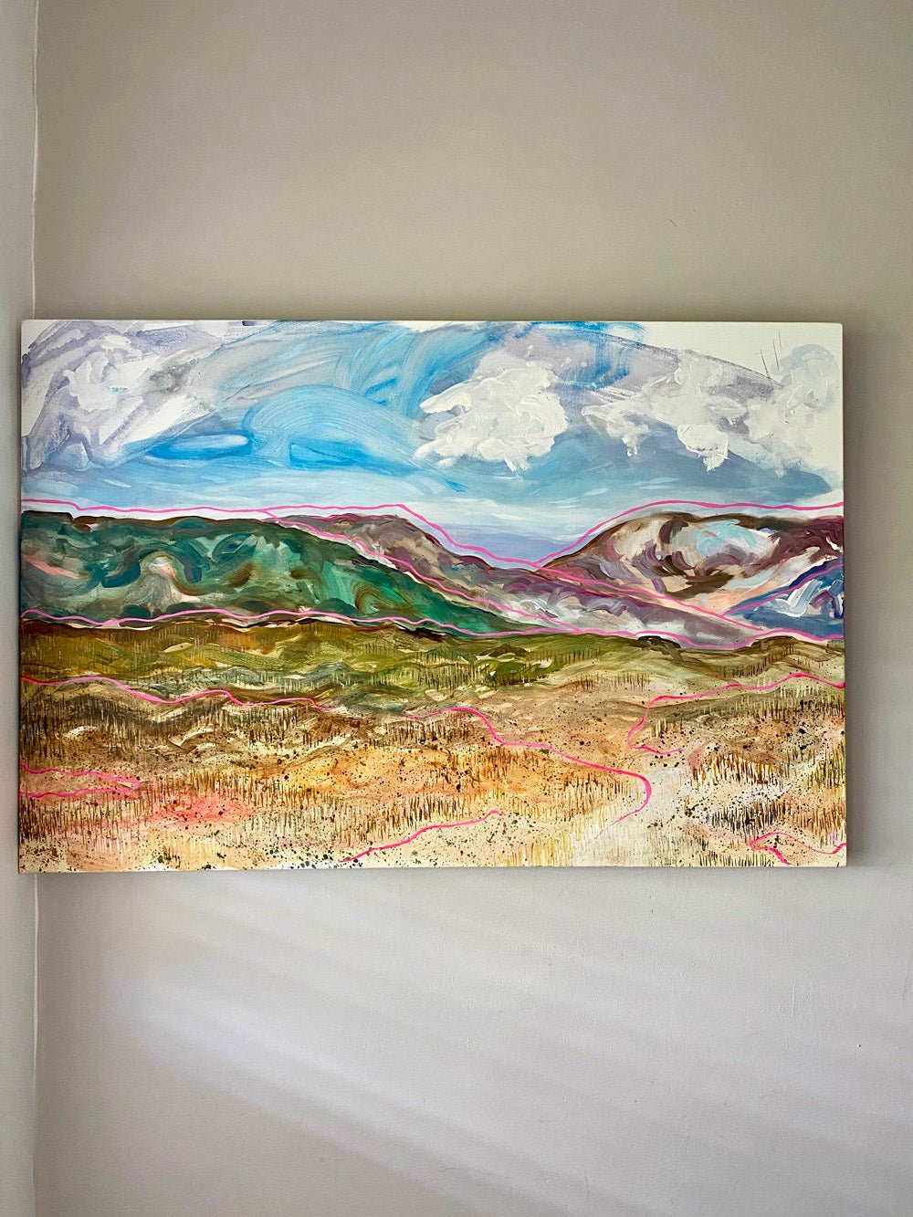 Colourful expressive painting of Yorkshire peat bog with bold brushstrokes, paint splatter, and sweeping lines on canvas 