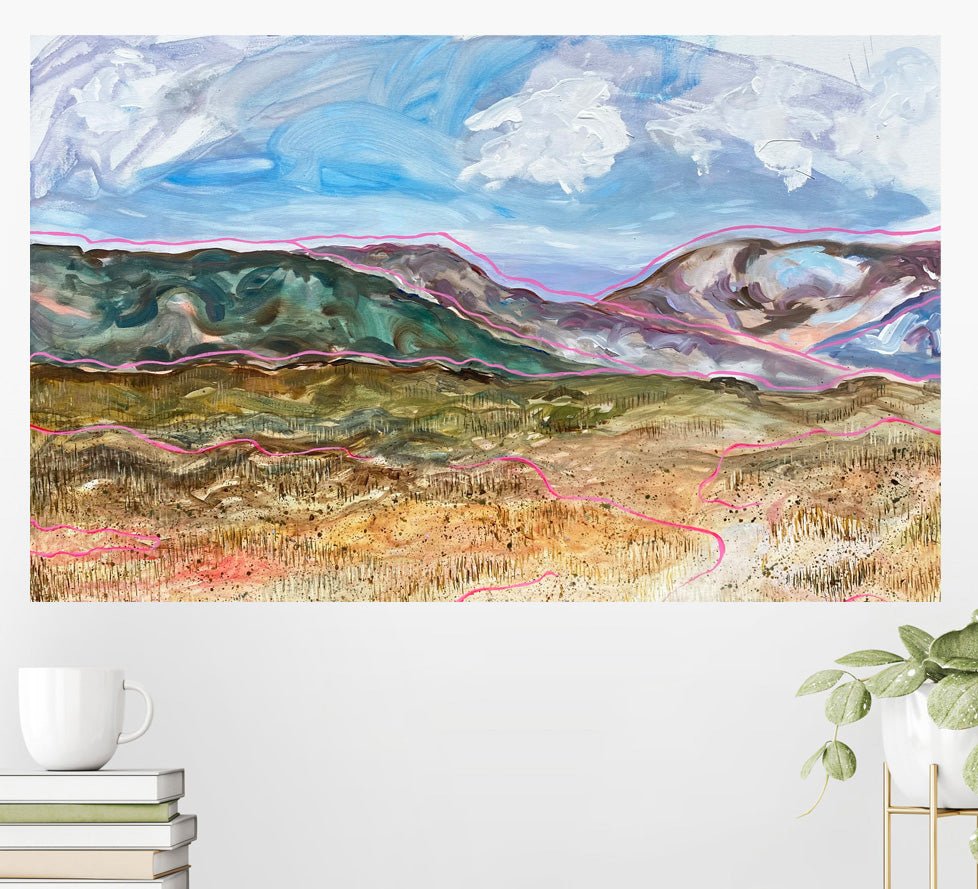 Colourful expressive painting of Yorkshire peat bog with bold brushstrokes, paint splatter, and sweeping lines on canvas